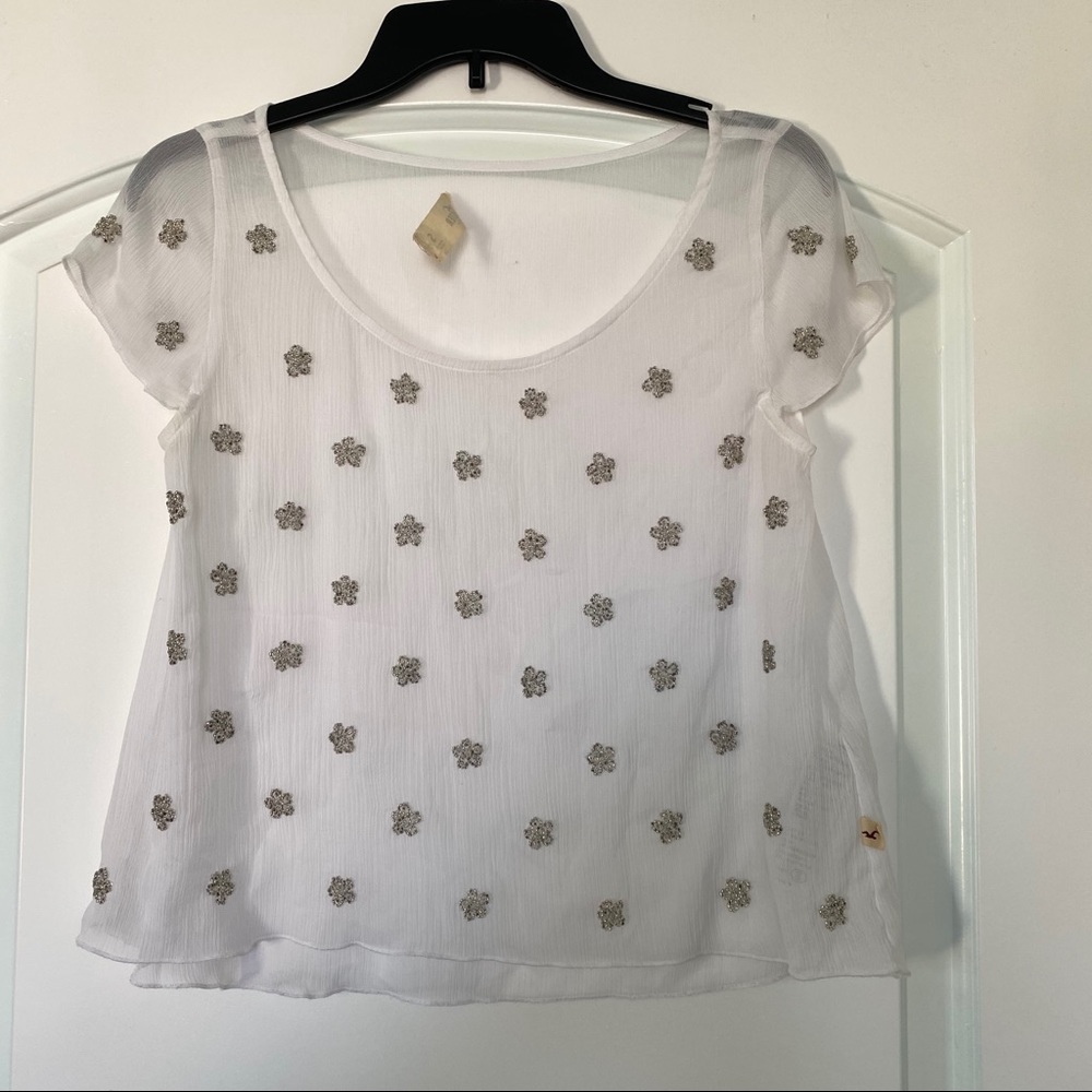 Hollister Co. Beaded Flower White Short Sleeves Sheer Chiffon Top Women's Size S